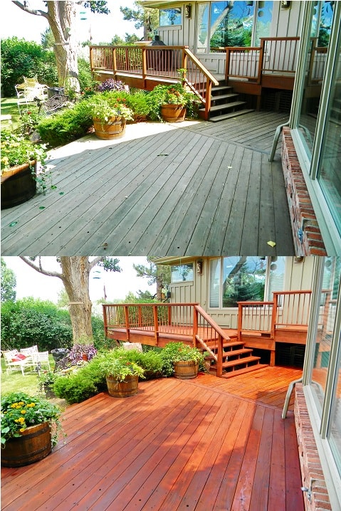 Before and after deck staining — gray weathered boards transformed to rich reddish-brown