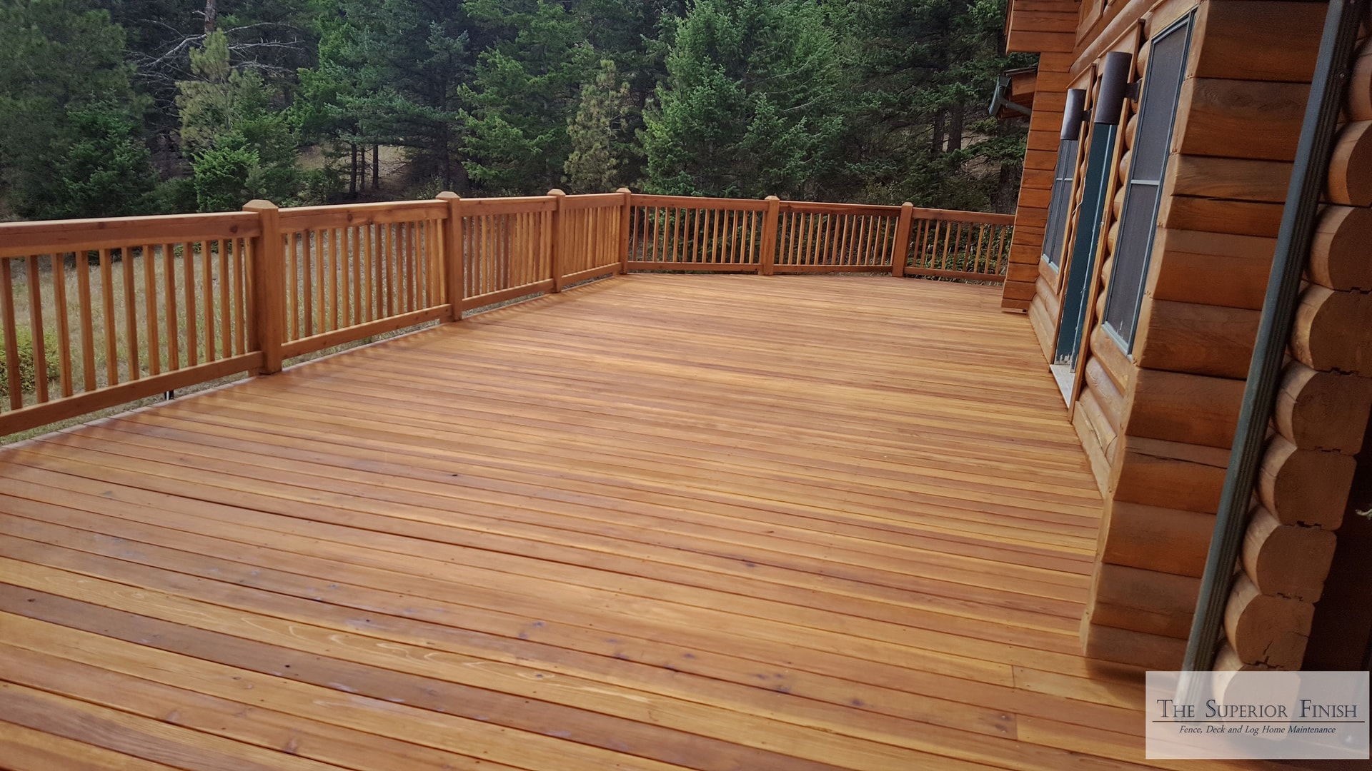Freshly stained cedar deck on a log home — warm honey tones